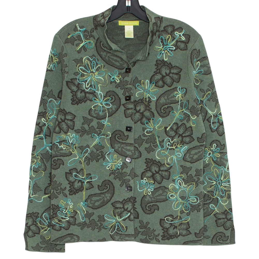 Sigrid Olsen Cardigan Floral Paisley Embroidered Button Up Art To Wear Boho M